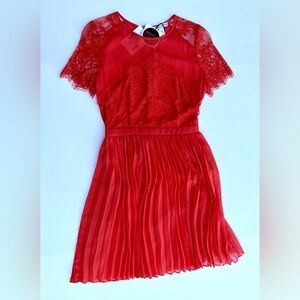 Red dress lace top pleated skirt